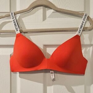 Victoria's Secret T-Shirt Lightly Lined Wireless Bra Red Orange Logo Straps 34B